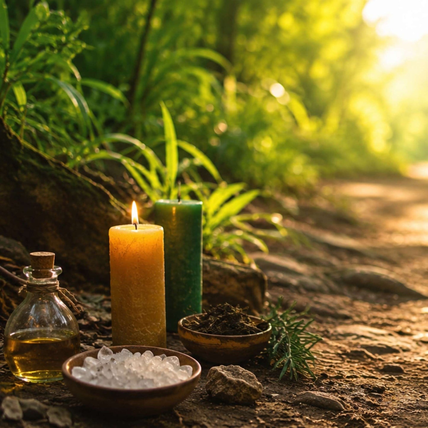 Imagem espiritual realista de abertura de caminhos com velas, cristais, ervas e caminho iluminado pela luz do sol em ambiente natural e harmonioso.