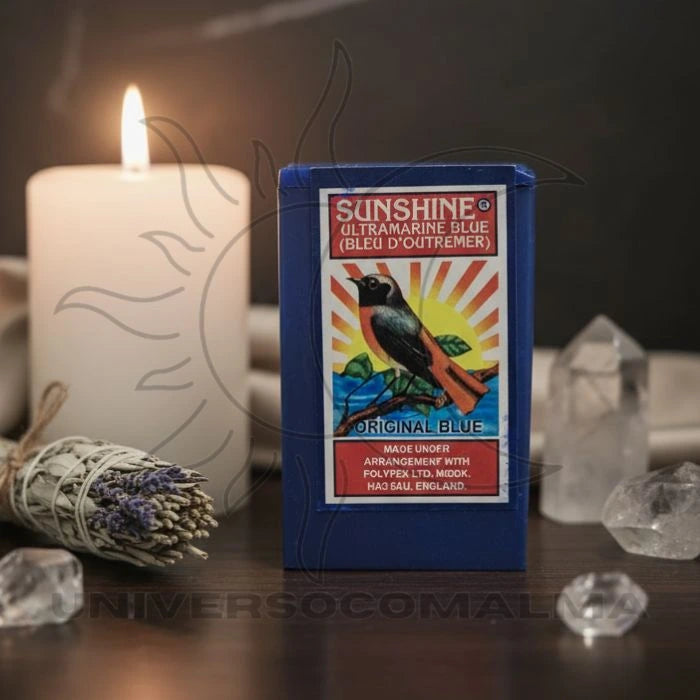 Wagi Sunshine Ultramarine Blue 30g em ambiente espiritual com vela branca, cristais e ervas para limpeza energética