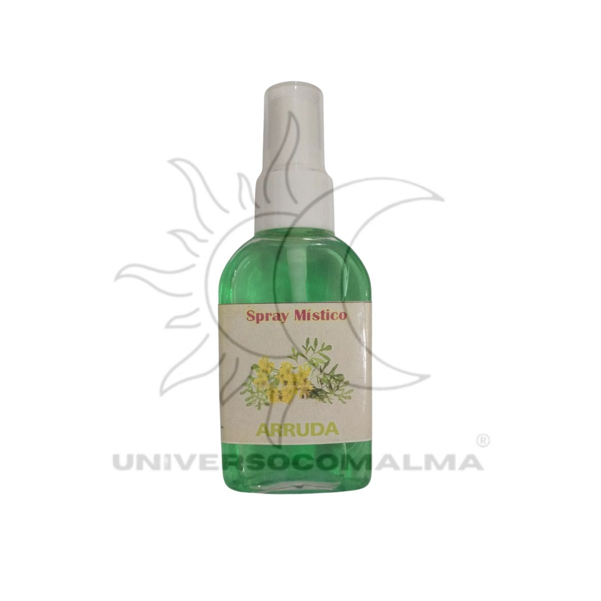 Frasco verde de spray ritual com rótulo ilustrado