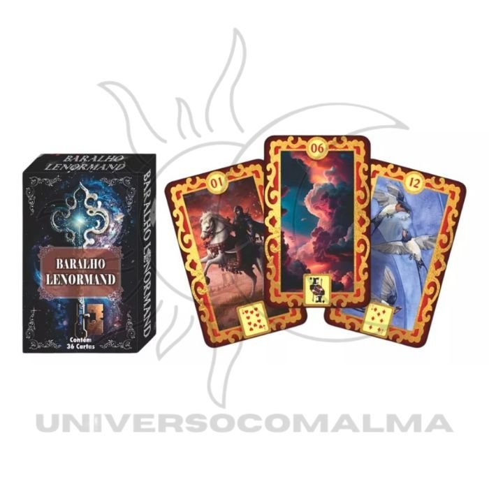 Baralho Lenormand com 36 cartas – caixa e exemplo de cartas