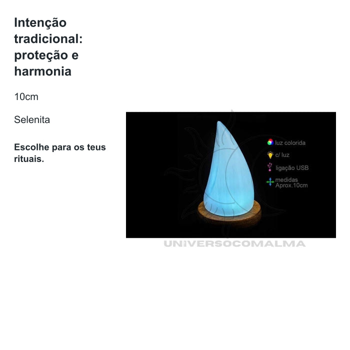 Candeeiro de Selenita em Forma de Gota com USB e Base - Aprox. 10cm — benefícios, utilização e características