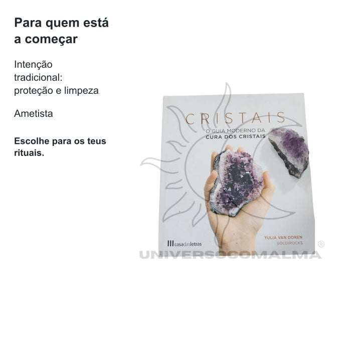 Pack Livro “Cristais – O Guia Moderno da Cura dos Cristais” + 1 Drusa de Ametista — benefícios, utilização e características