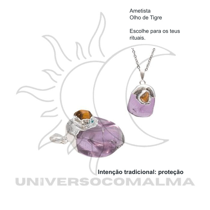 Colar com Pendente de Ametista e Olho de Tigre com Banho de Prata — benefícios, utilização e características