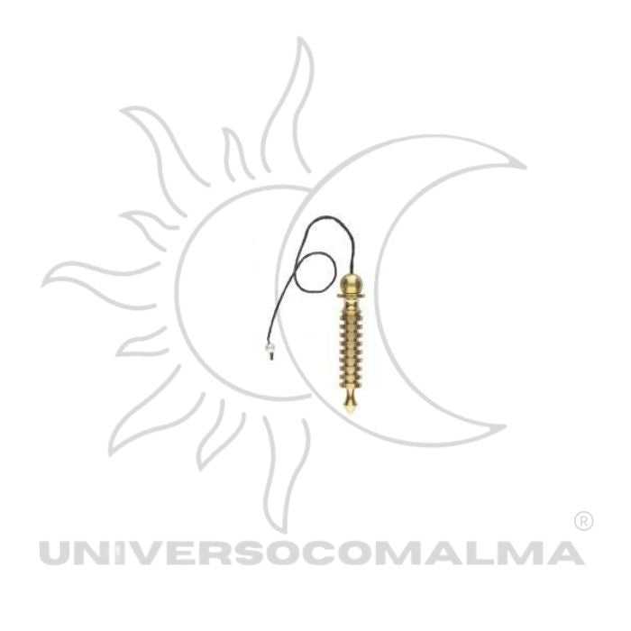 Pêndulo Isis com 9 pilhas e testemunha em bronze, ideal para proteção e concentração energética. Acessório espiritual para meditação e equilíbrio.