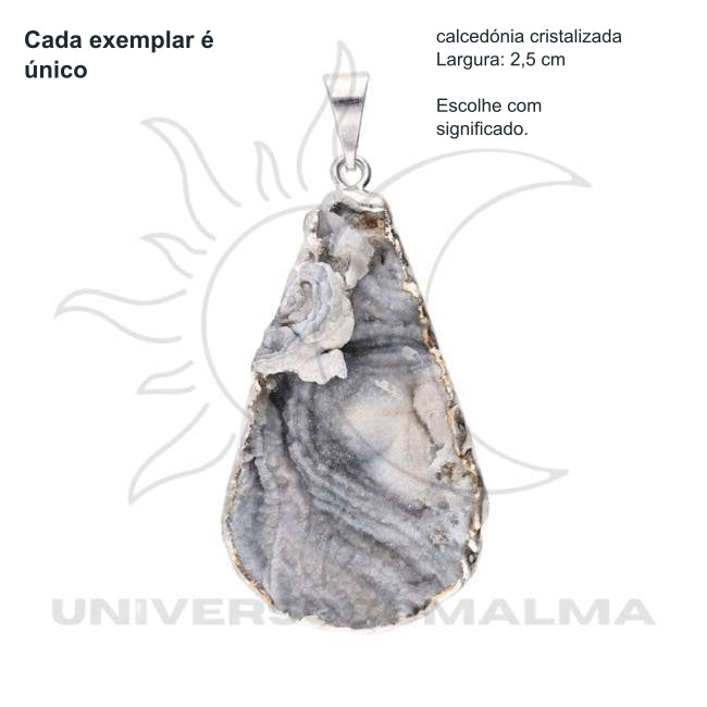 Pingente de gota de calcedónia cristalizada com banho de prata - Calmante e Energizante — benefícios, utilização e características
