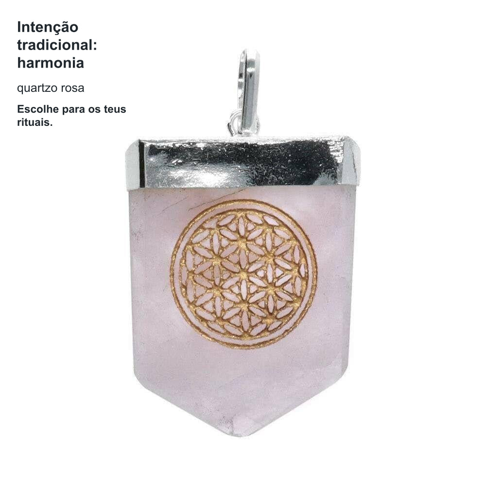 Colar Pendente quartzo rosa c/simbolo Flor da Vida - topo em Banho de Prata — benefícios, utilização e características