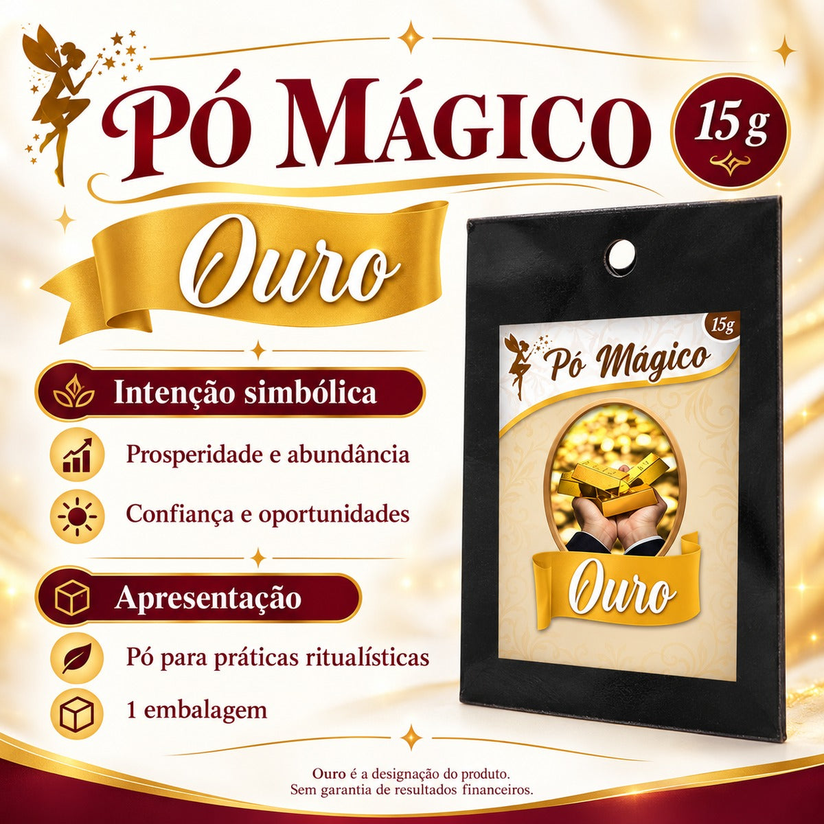 Ficha visual do Pó Mágico Ouro com peso de 15 g, apresentação e intenção simbólica.