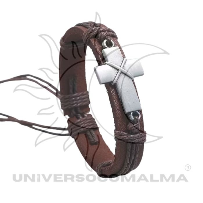 Pulseira de Couro Trançado com Cruz