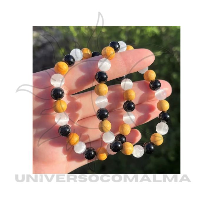 Pulseira de Purificação com Selenita, Turmalina Preta e Palo Santo – 8mm
