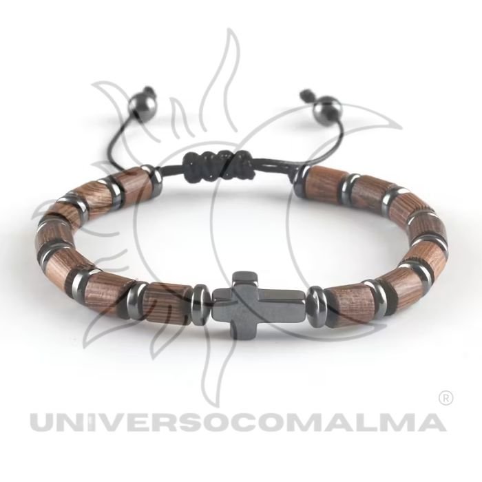 Pulseira Madeira Artesanal e Cruz em Hematita