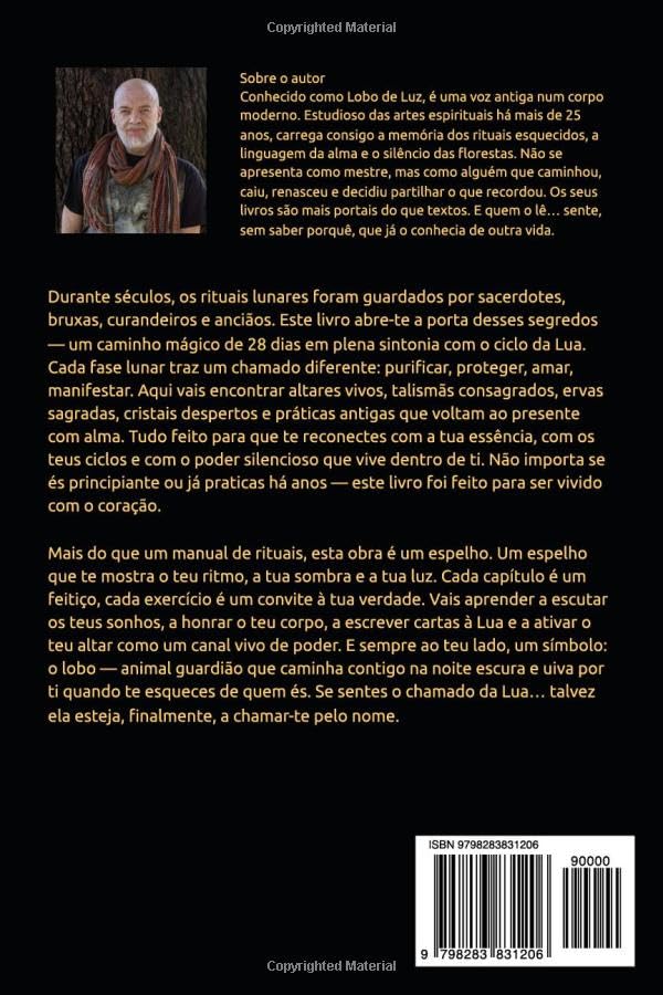 Contracapa do livro Rituais Secretos da Lua de Lobo de Luz, com biografia do autor, resumo sobre rituais lunares, práticas espirituais, autoconhecimento e código de barras ISBN.