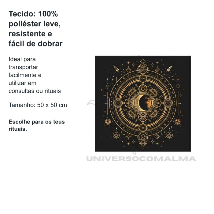 Pano de Mesa de Tarot – Fases da Lua | 50x50cm - Modelo 2 — benefícios, utilização e características