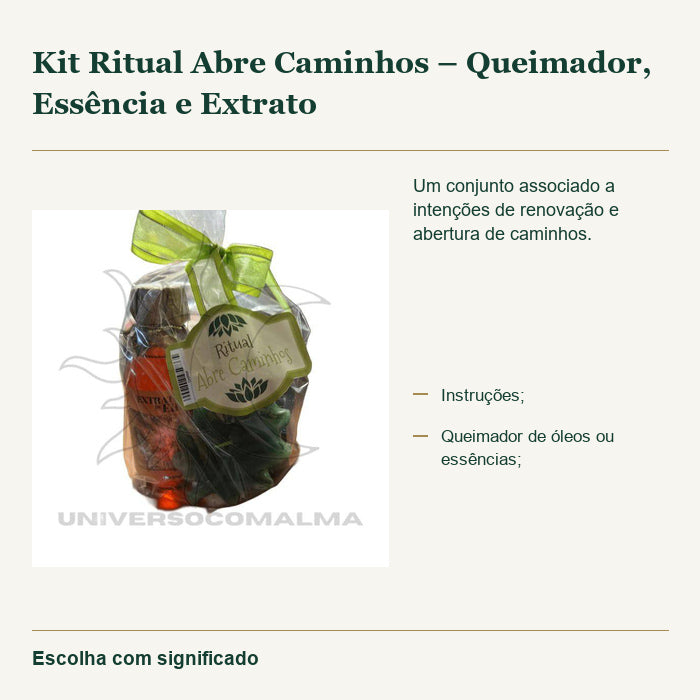 Kit Ritual Abre Caminhos – Queimador, Essência e Extrato — fotografia original e características confirmadas.