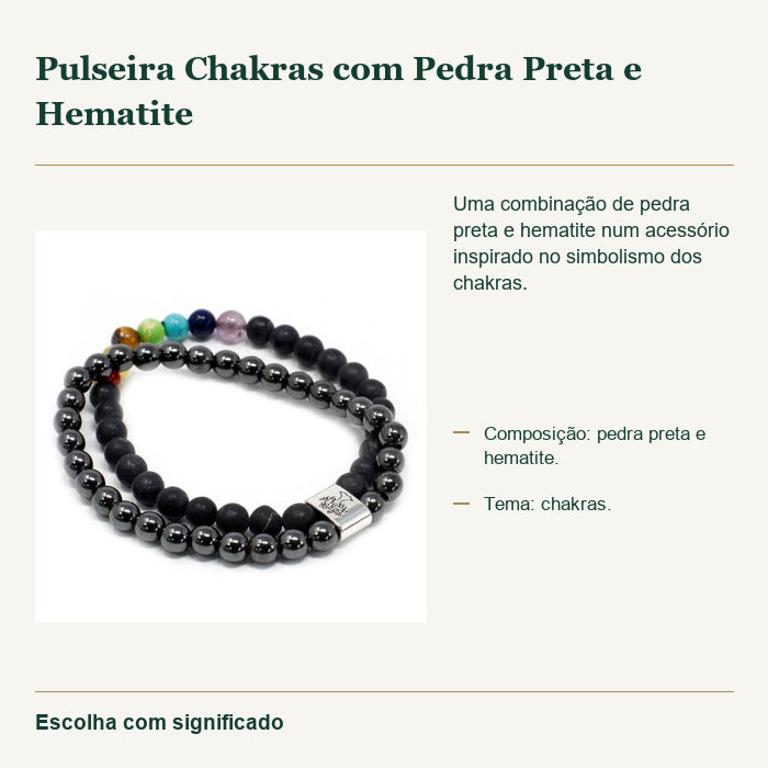 Pulseira Chakras com Pedra Preta e Hematite — fotografia original e características confirmadas.