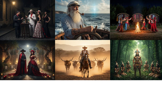 Janela ‘Editar texto alternativo’ com uma grelha de seis imagens temáticas (piratas, cowboys e rituais à volta de uma fogueira).”