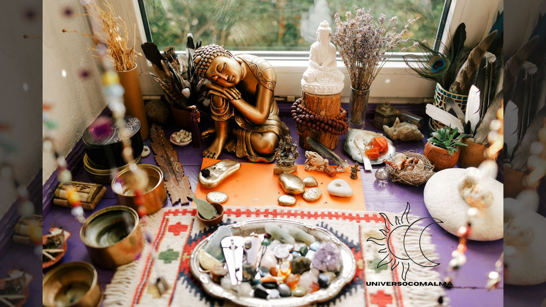 Altar espiritual pessoal com cristais, velas, cartas de tarot, incenso e elementos naturais dispostos harmoniosamente sobre uma mesa junto à janela