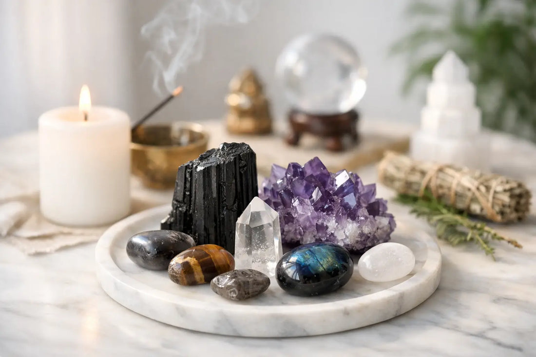 Cristais, vela e ervas sobre uma bandeja em ambiente espiritual e relaxante Se quiseres uma versão um pouco mais descritiva e natural, podes usar: Bandeja com cristais, vela acesa e ervas aromáticas num espaço de bem-estar espiritual