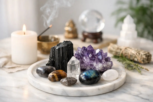 Cristais, vela e ervas sobre uma bandeja em ambiente espiritual e relaxante Se quiseres uma versão um pouco mais descritiva e natural, podes usar: Bandeja com cristais, vela acesa e ervas aromáticas num espaço de bem-estar espiritual