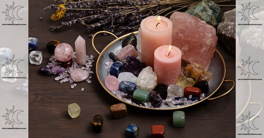 Cristais terapêuticos variados com velas e pêndulo para cristaloterapia, cura energética e harmonização dos chakras
