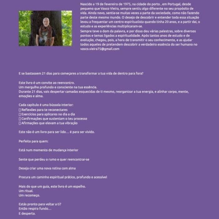 Contracapa do livro 21 Dias para Despertares a Tua Alma de Vasco Vieira (Lobo de Luz), com biografia do autor, resumo do conteúdo e indicações de práticas espirituais e autoconhecimento.