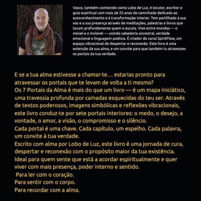 Contracapa do livro Os 7 Portais da Alma de Lobo de Luz (Vasco Vieira), com biografia do autor e resumo sobre autoconhecimento e espiritualidade.