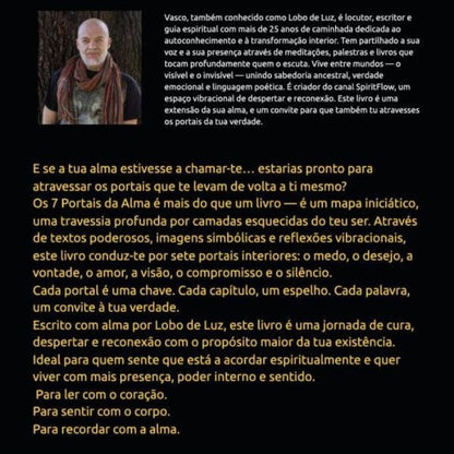 Contracapa do livro Os 7 Portais da Alma de Lobo de Luz (Vasco Vieira), com biografia do autor e resumo sobre autoconhecimento e espiritualidade.