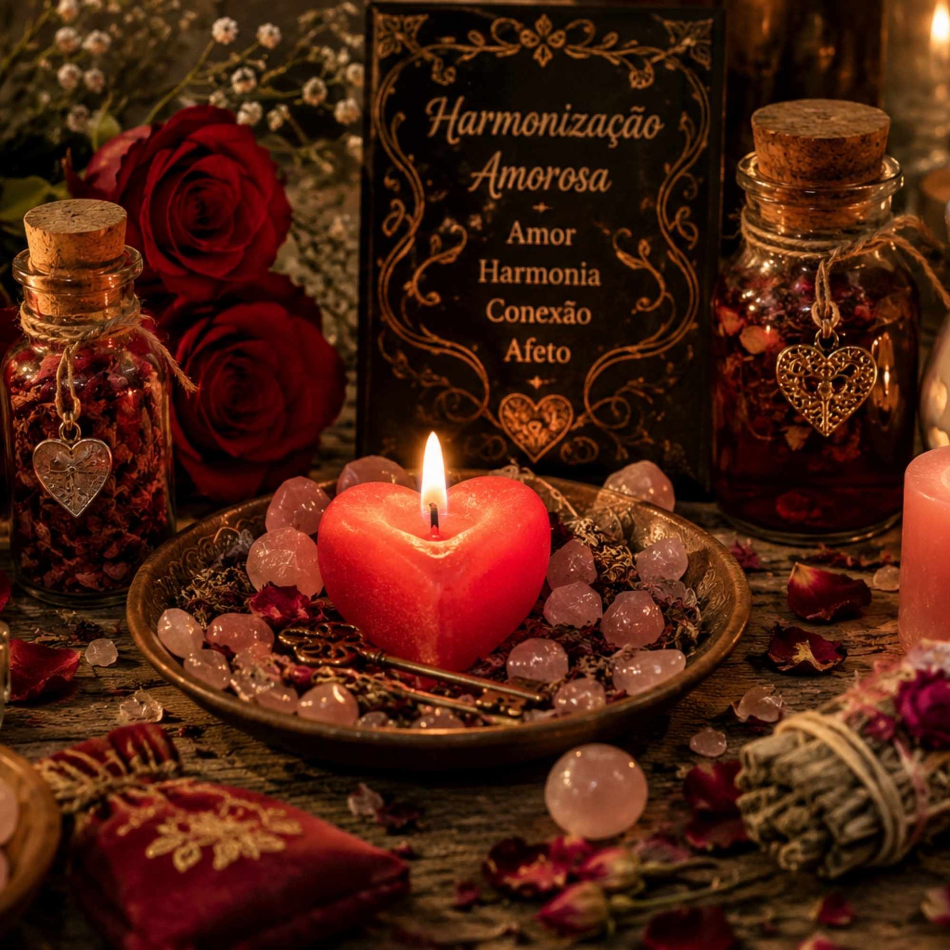 Imagem romântica e espiritual realista para harmonização amorosa com velas vermelhas, rosas, cristais rosa quartzo e altar ritualístico acolhedor em ambiente místico.