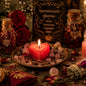 Imagem romântica e espiritual realista para harmonização amorosa com velas vermelhas, rosas, cristais rosa quartzo e altar ritualístico acolhedor em ambiente místico.