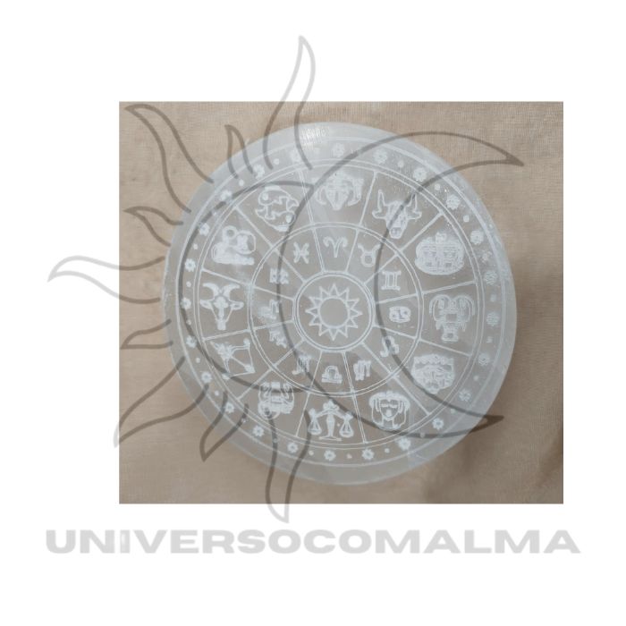 Base Redonda de Selenite com Símbolo de Astrologia - Purificação e Conexão Cósmica - Universo com Alma ®