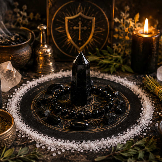 Imagem espiritual realista de blindagem energética com velas negras, cristais escuros, sal grosso e altar ritualístico em ambiente místico e acolhedor.
