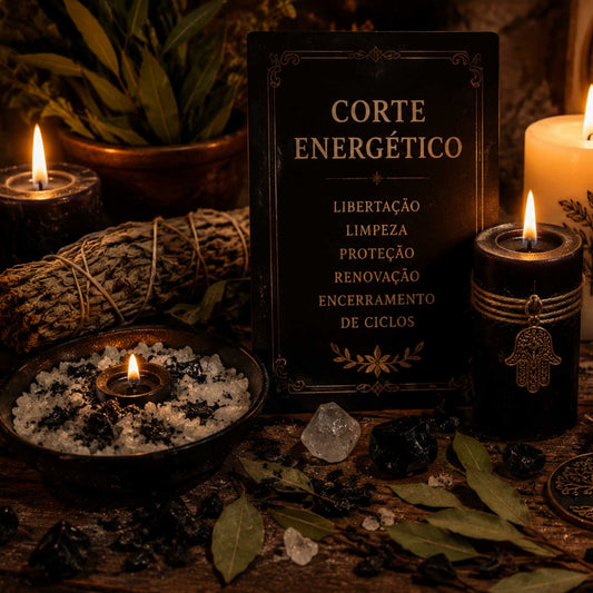 Ambiente ritualístico espiritual com velas pretas acesas, ervas, sal grosso, cristais escuros e elementos de limpeza energética em altar místico de tons quentes e atmosfera intensa.