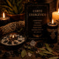 Ambiente ritualístico espiritual com velas pretas acesas, ervas, sal grosso, cristais escuros e elementos de limpeza energética em altar místico de tons quentes e atmosfera intensa.