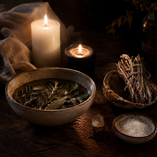 Imagem realista de limpeza espiritual com velas acesas, ervas naturais, sal grosso e defumação sobre mesa de madeira em ambiente espiritual acolhedor.