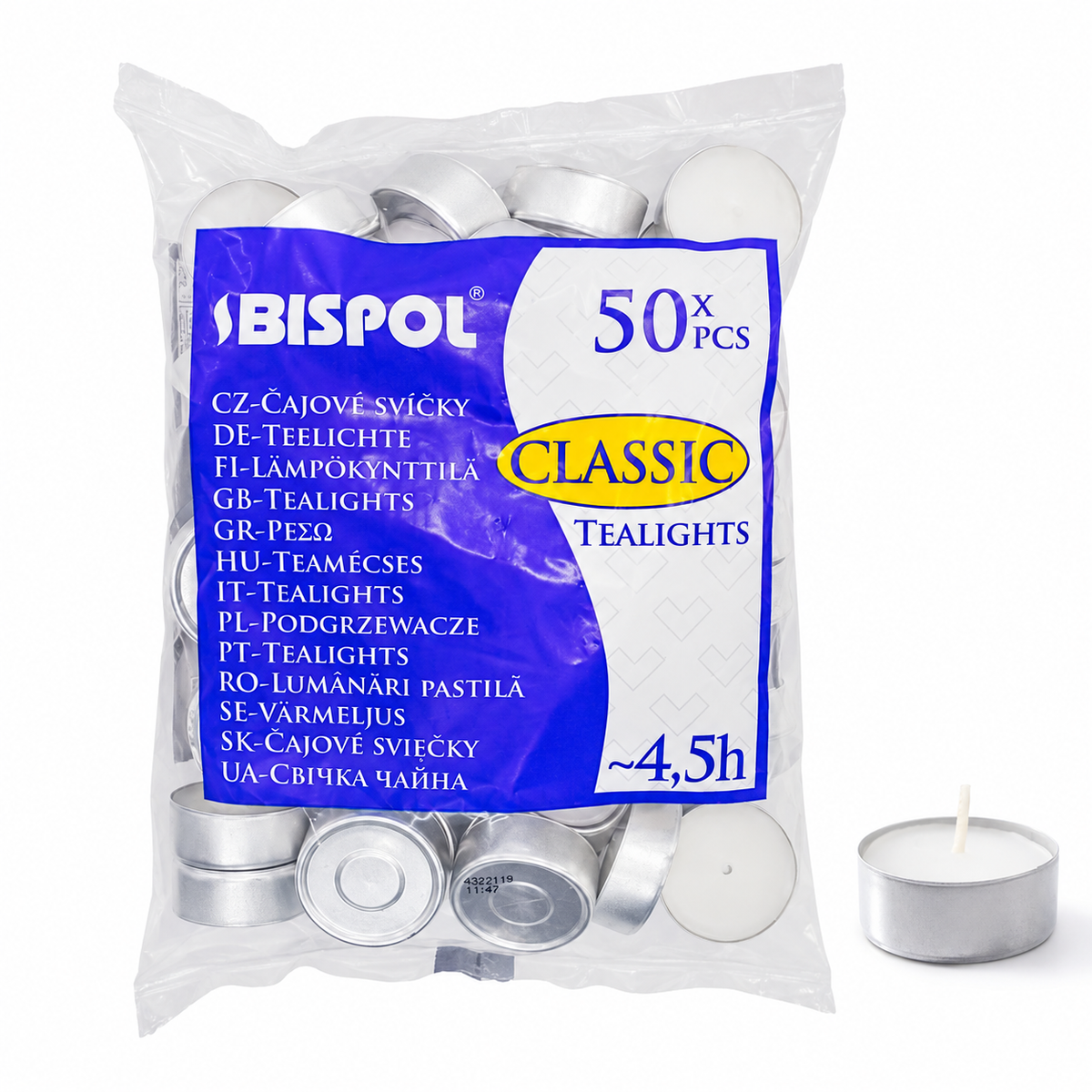 Embalagem Bispol Classic com 50 velas tea light brancas.