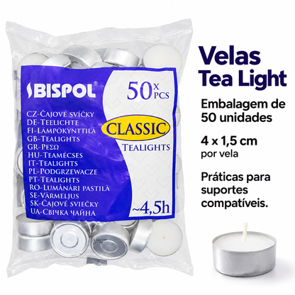 Velas tea light Bispol, embalagem de 50, medidas 4 × 1,5 cm e duração aproximada indicada de 4,5 horas.