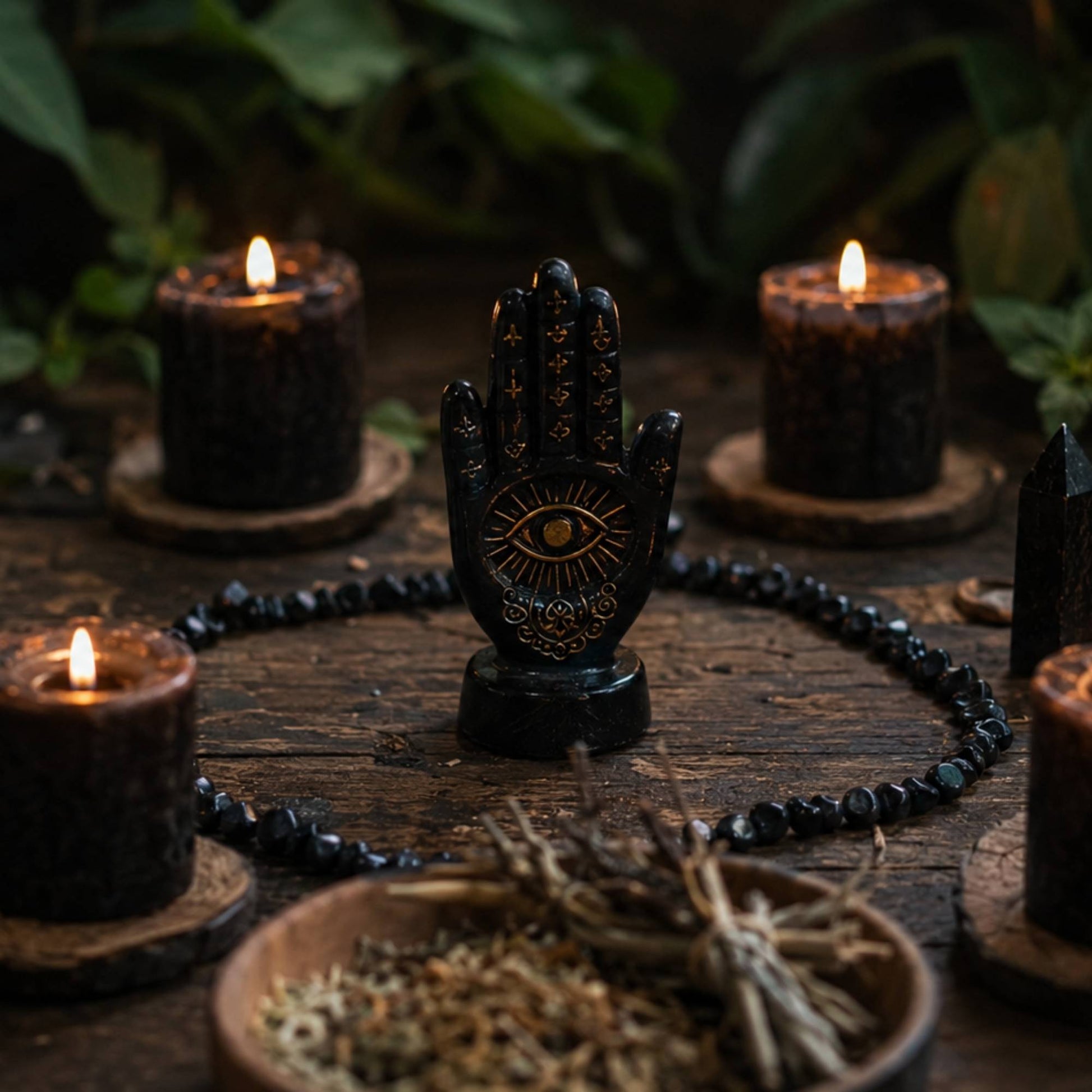 Imagem espiritual realista de proteção energética com velas negras acesas, cristais, ervas e altar ritualístico em ambiente místico e acolhedor.