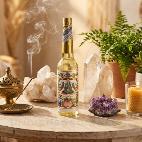 Água Florida Murray & Lanman num ambiente espiritual com cristais, plantas e incenso – Universo com Alma®