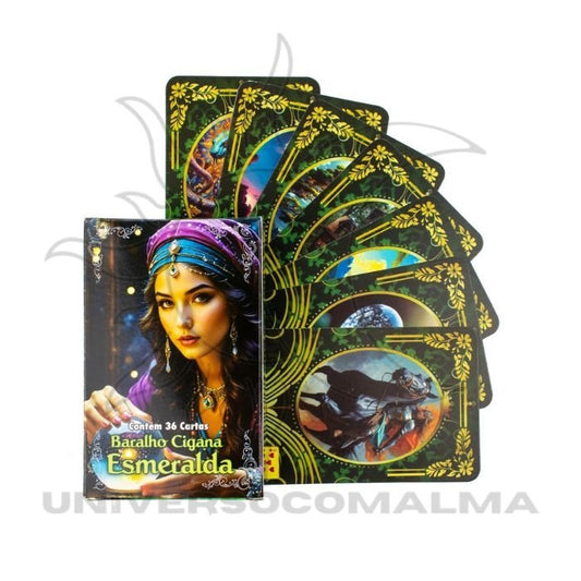 Baralho Cigana Esmeralda com 36 cartas – caixa e exemplo de cartas