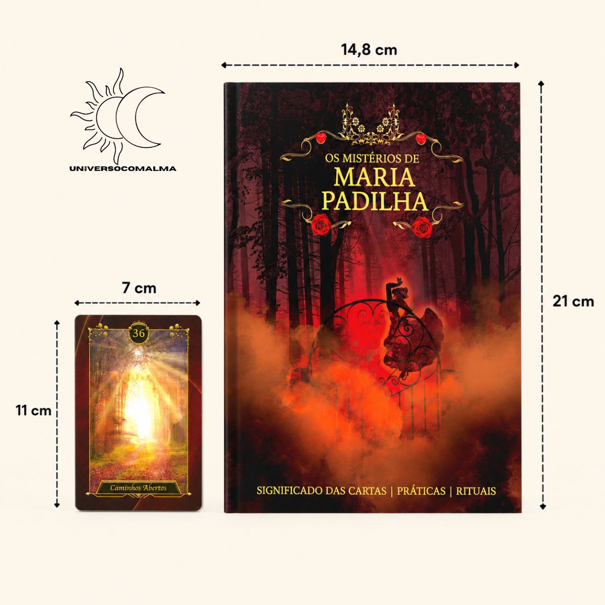 Medidas do Baralho Os Mistérios de Maria Padilha com cartas de 7 × 11 cm e manual de 14,8 × 21 cm