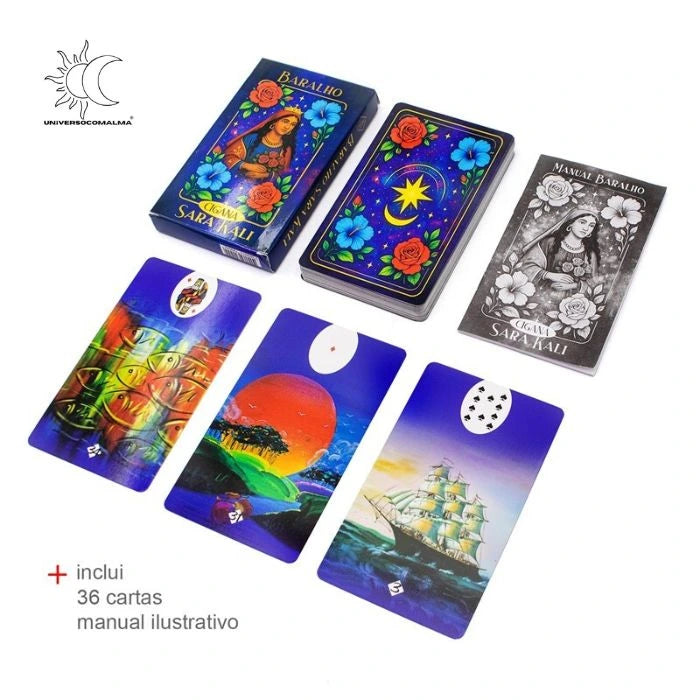 Baralho Santa Sara Kali com 36 cartas ilustradas e manual explicativo para orientação espiritual e leitura intuitiva