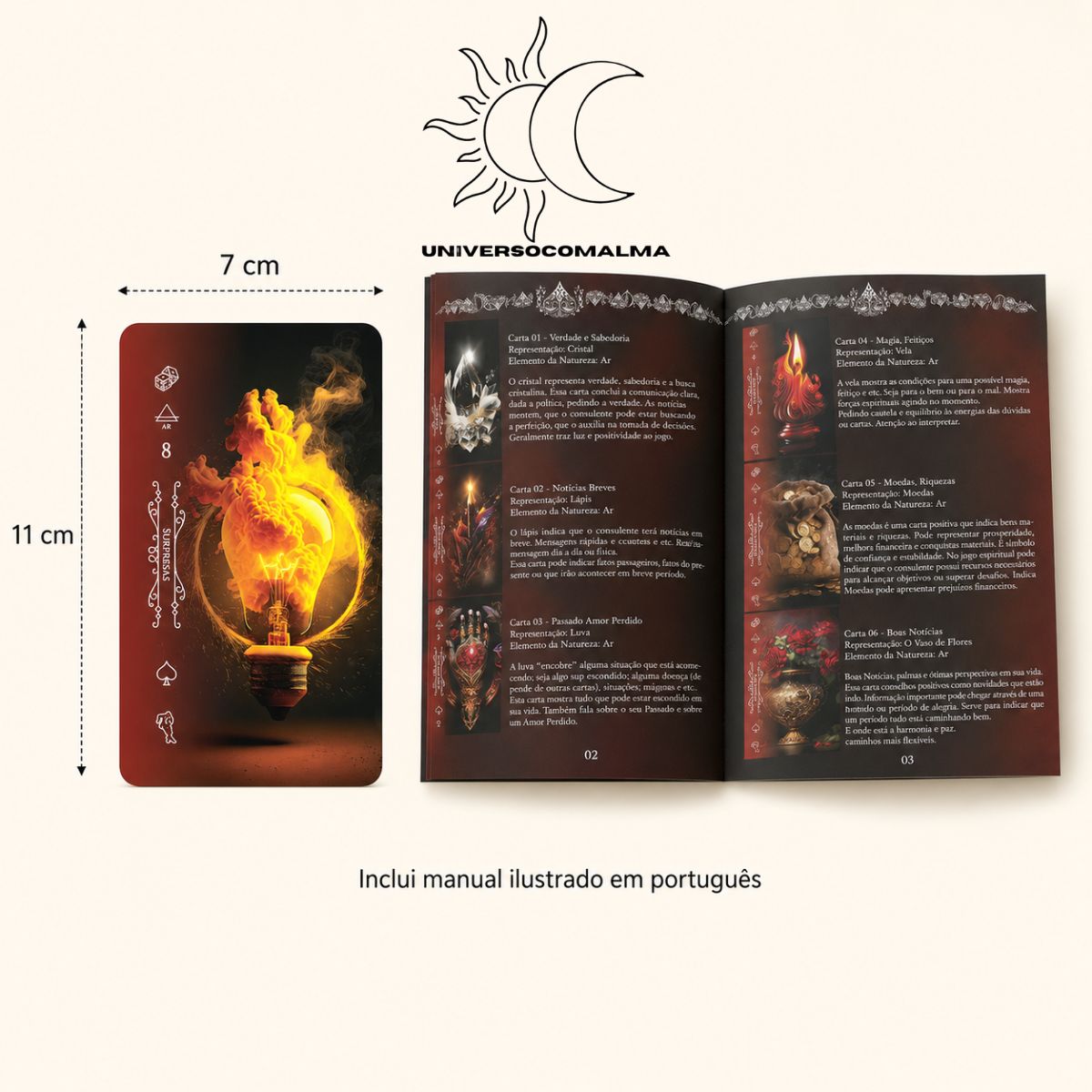 Medidas do Baralho Os Mistérios de Zé Pelintra com cartas de 7 × 11 cm e manual ilustrado em português