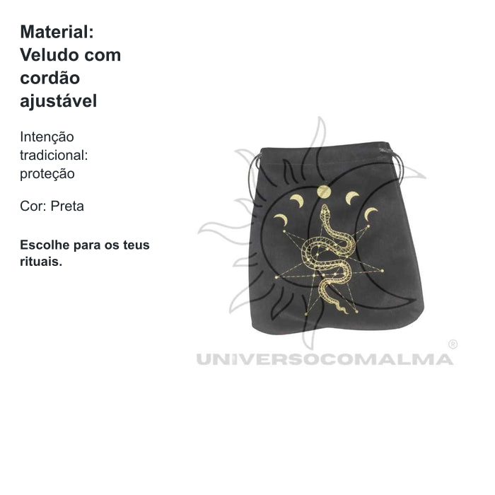 Bolsa de Veludo Preta com Serpente e Luas — benefícios, utilização e características