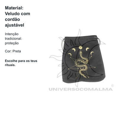 Bolsa de Veludo Preta com Serpente e Luas — benefícios, utilização e características