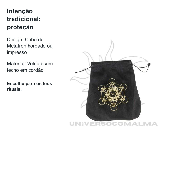 Bolsa de Veludo Preta com Cubo de Metatron — benefícios, utilização e características