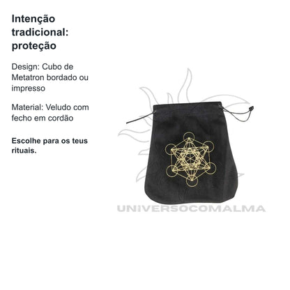 Bolsa de Veludo Preta com Cubo de Metatron — benefícios, utilização e características