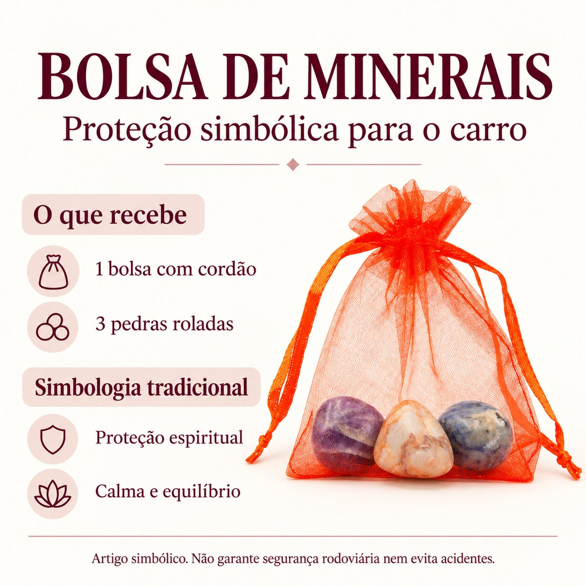 Ficha visual da bolsa laranja com três pedras roladas e informação sobre a sua simbologia.