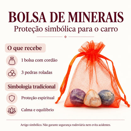 Ficha visual da bolsa laranja com três pedras roladas e informação sobre a sua simbologia.