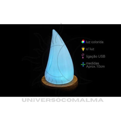 Candeeiro de selenita em forma de gota iluminado a azul