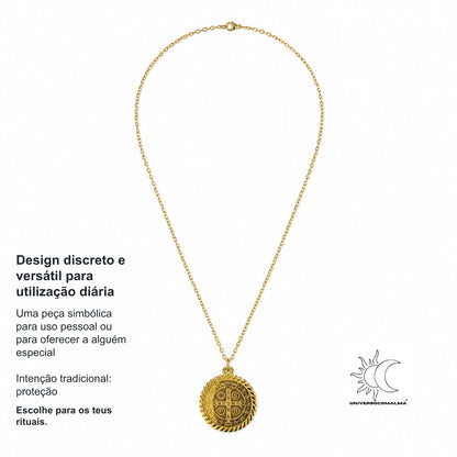 Colar de Aço Dourado com Medalha de São Bento — benefícios, utilização e características