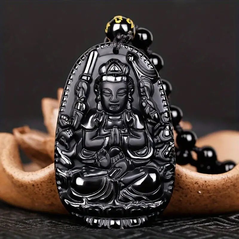 Collier Bouddha Guanyin avec pendentif obsidienne : protection et spiritualité